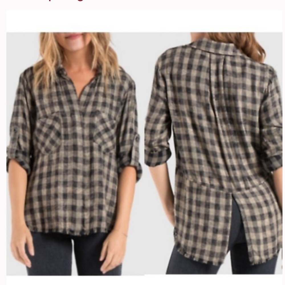 Anthropologie cloth & stone green buffalo plaid split back shirt raw hem small
